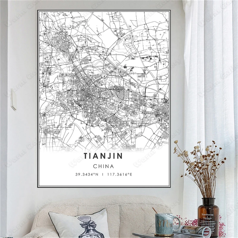 Черно-белая карта города Китая Карта Тяньцзинь плакат HD печать настенное