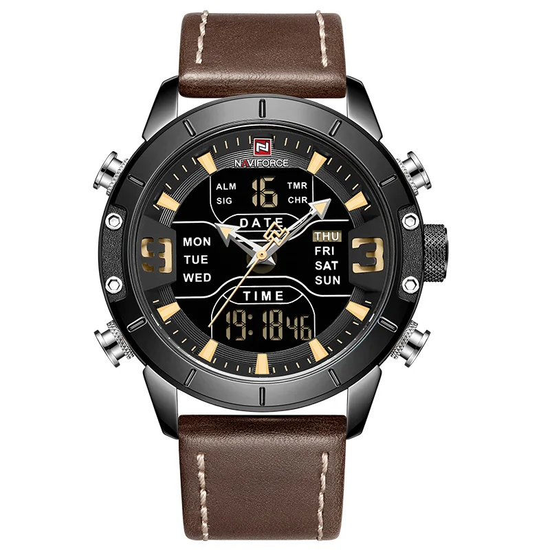 L-Black Yellow Мужские часы naviforce Роскошные брендовые кожаные водонепроницаемые кварцевые мужские часы Военные аналого-цифровые часы мужские Relogio Masculino - Цвет: L-Black Yellow