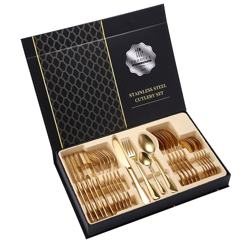 

Tiido 24pcs Gold Fork Spoon Knife Kitchen Cutlery Set Stainless Steel Dinnerware Dinner Set Holiday Gift Box
