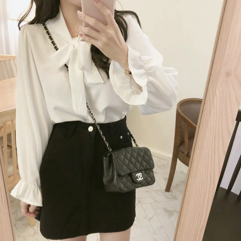 Женская шифоновая блузка с бантом белая элегантная офисная в Корейском стиле