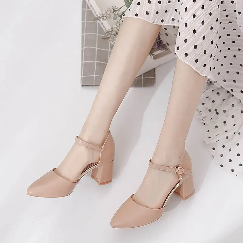 2023 Spring New Single Shoes,Block Mid Heels,Women Pumps,Ankle Strap Buckle,Pointed Toe,Footware for Office Lady Beige,Apricot