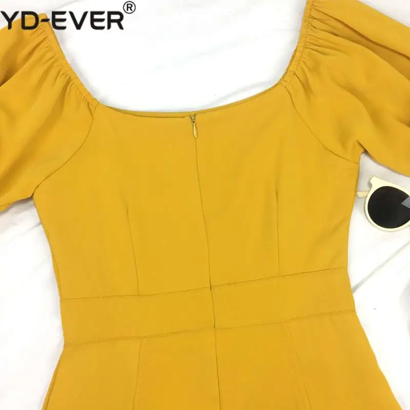 Платье миди с квадратным вырезом пуговицами спереди и пышными рукавами|Женские