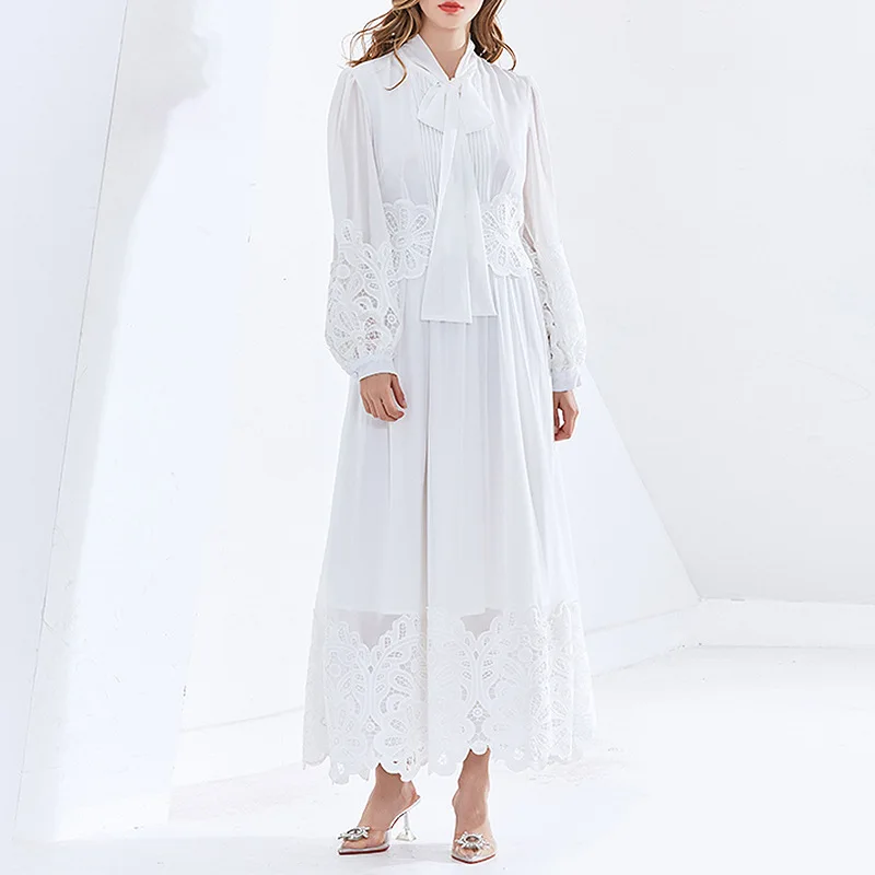

2021 Fashion Elegant Lantern Sleeve Solid Color High Waist Long Dress Women's Splicing Lace-up A-line Dress F039