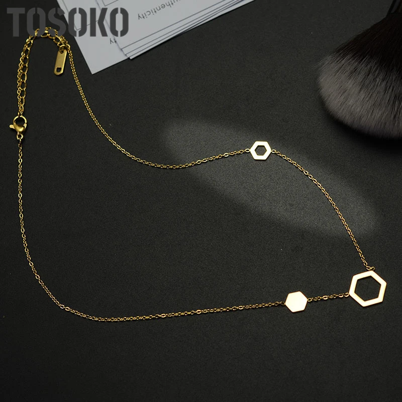 

TOSOKO Hexagon circle clavicle necklace for women fashion Stainless Steel Necklace Jewelry Gift BSP238