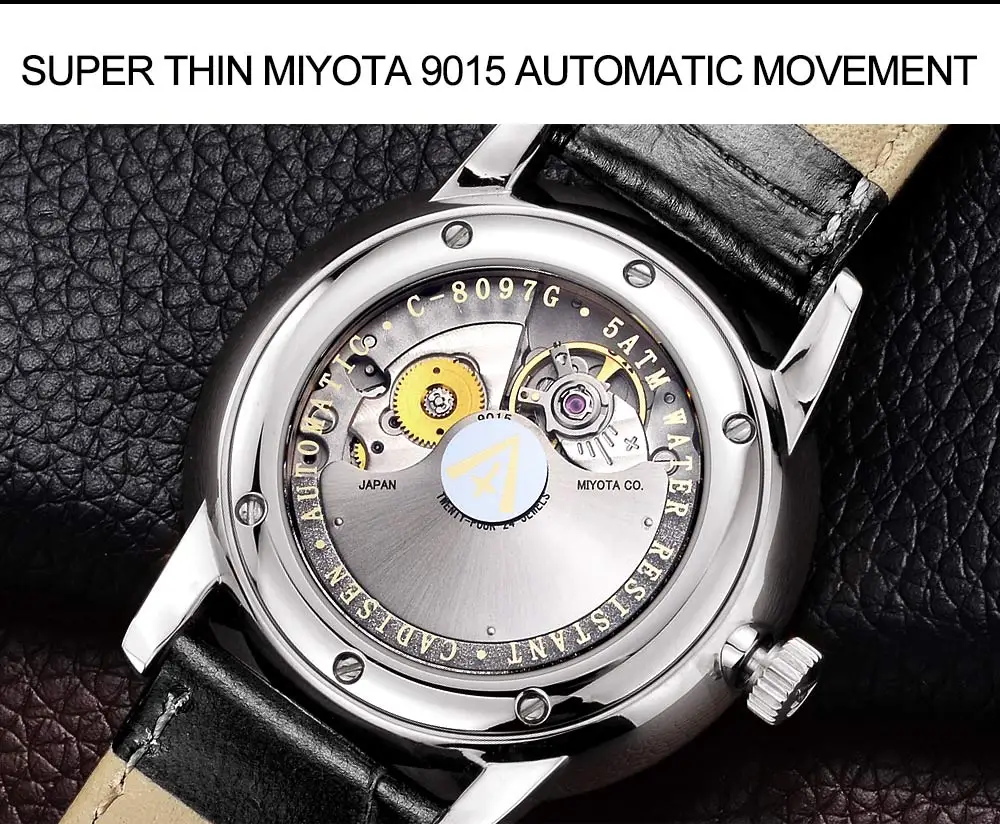 CADISEN Мужские автоматические механические наручные часы Miyota 9015 ультра тонкие часы Бриллианты мужские s Band водонепроницаемые часы Relogio Masculino