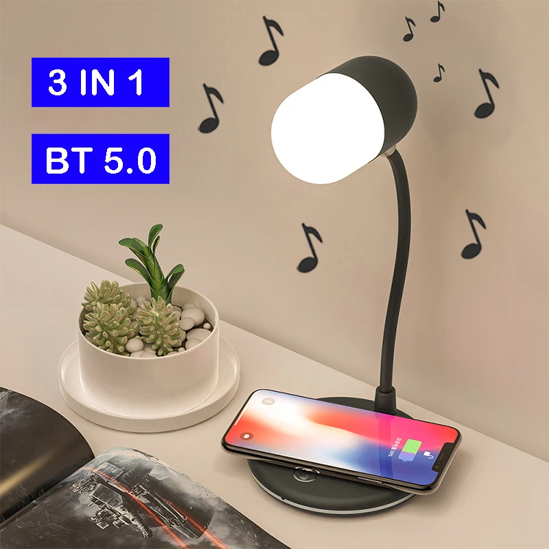 

Desk Lamp with Bluetooth Speaker Wireless Charger USB Powered Stepless Dimming for Bedroom Office Phone Indoor Lighting Led