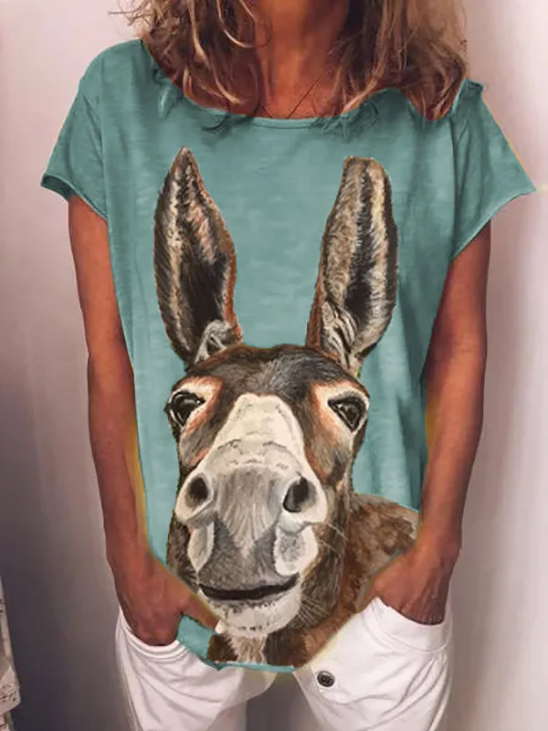 Cartoon Donkey Head Print T Shirts Womens White T-Shirt Summer Tops Vintage Casual Fashion O Neck Short Sleeve Loose Tee Camisas | Женская