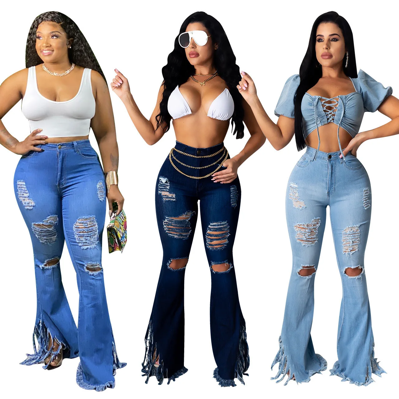 

2020 Sexy Women Slim Fitness Jeans Flare Pants Tassels Ripped High-waist Ruffles Denim Jeans Holes Destroyed Femme Streetwear