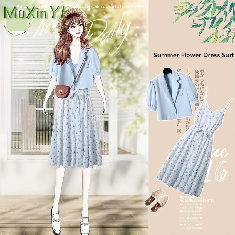

Summer floral dress women 2021 new elegant Vintage Casual suit dresses two-piece Korean fashion sweet Blazers top skirt set