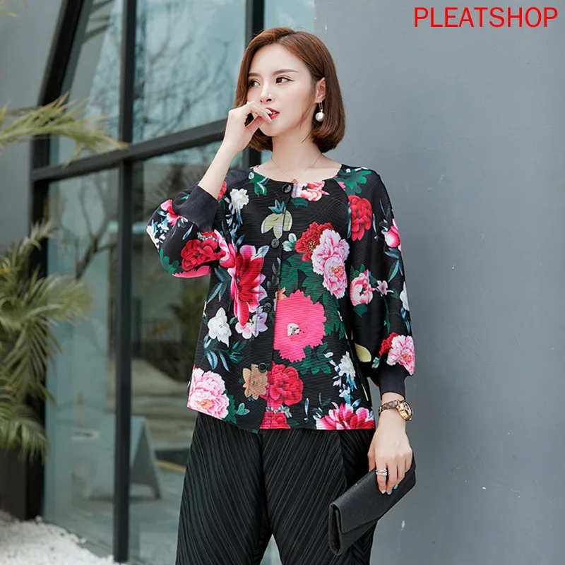 

MIYAKE Pleated Single-Breasted Spring and Autumn Printed Cropped Jacket Long-Sleeved Fashion Short Coat Spot Veste Femme Ropa