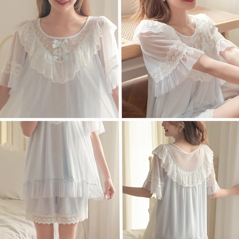 

Kawaii Pajamas for Women Nightie Summer 2 Piece Set Mesh Lace Sleepwear Girl Cute Sleep Tops Bottoms Shorts Suit Pyjama Sets
