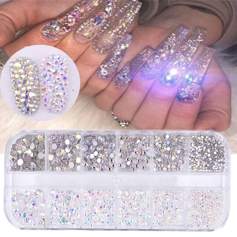 

12 Boxes AB Crystal Nail Art Rhinestone Gold Silver Clear All Color Flat Bottom Mixed Shape DIY Nail Art 3D Glitter Decoration