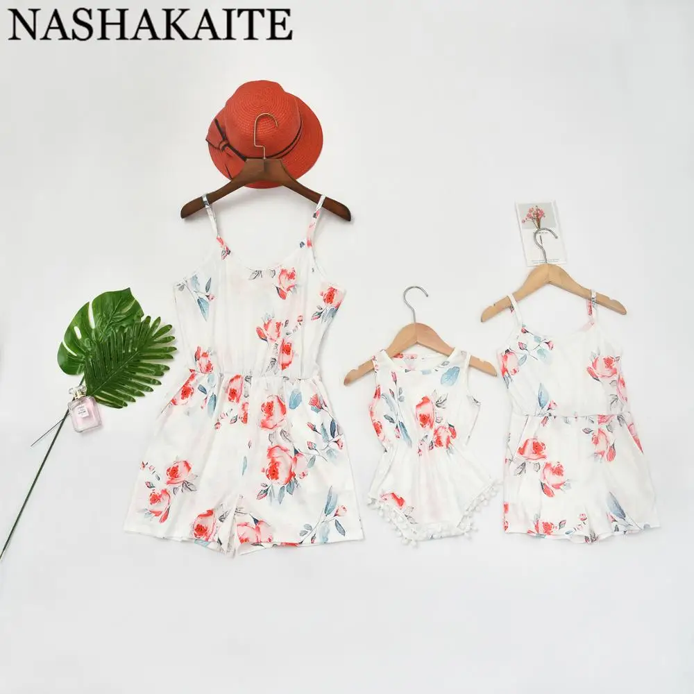 White NASHAKAITE/Одежда для мамы и дочки; Комбинезоны на бретельках с принтом; Детский комбинезон; пляжные вечерние комбинезоны; одежда для мамы и меня - Цвет: White