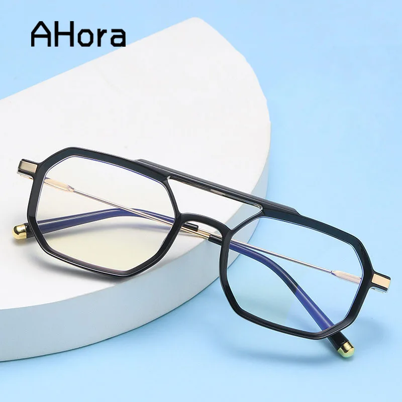 

Ahora New Women&Men Pilot Reading Glasses Frame Polygon Alloy Computer Prebyopia Eyeglasses Double Beam Goggles 0+1.0..+4.0