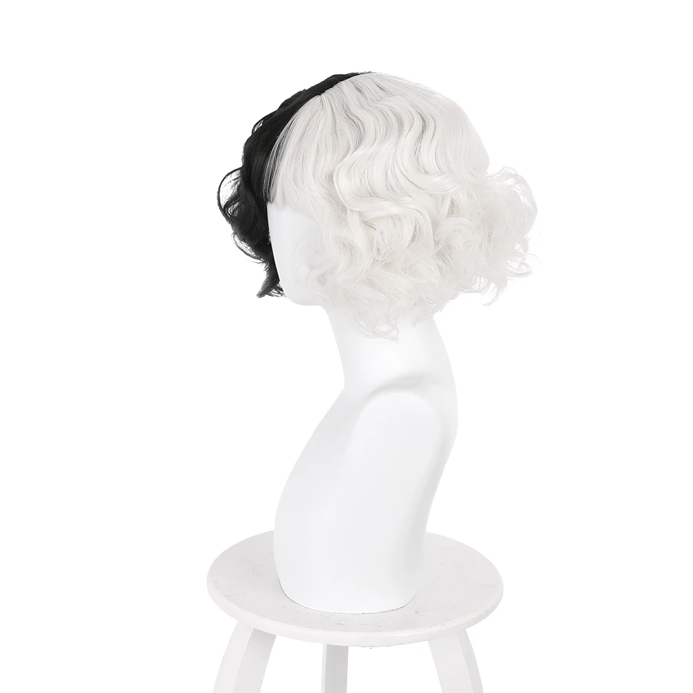 

Cruella Wig Movie Cruella de Vil Emma Stone Short Black White Curly Hair Wigs Cosplay Props 2 Types