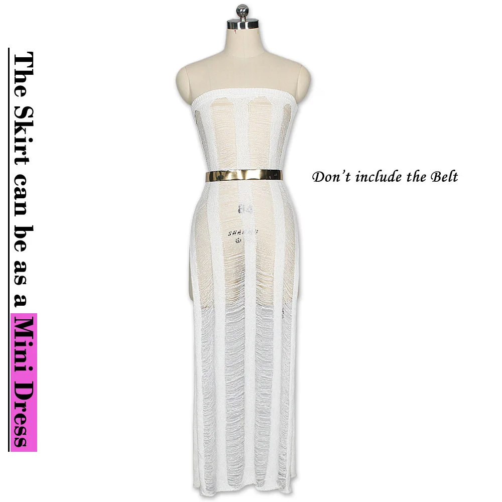 2020 Summer Sexy Club Outfits Women Two Piece Set Hollow Out Knitting Transparent Party Dress V-Neck Transformable Shirt |