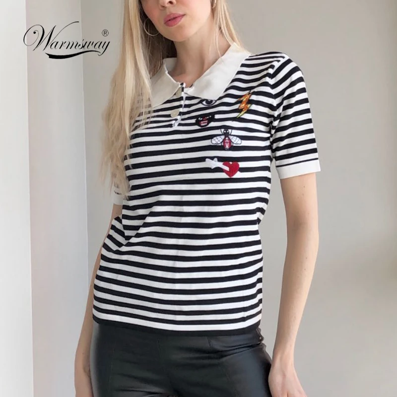 Летний Полосатый Топ контрастного цвета с короткими рукавами футболка вышивкой