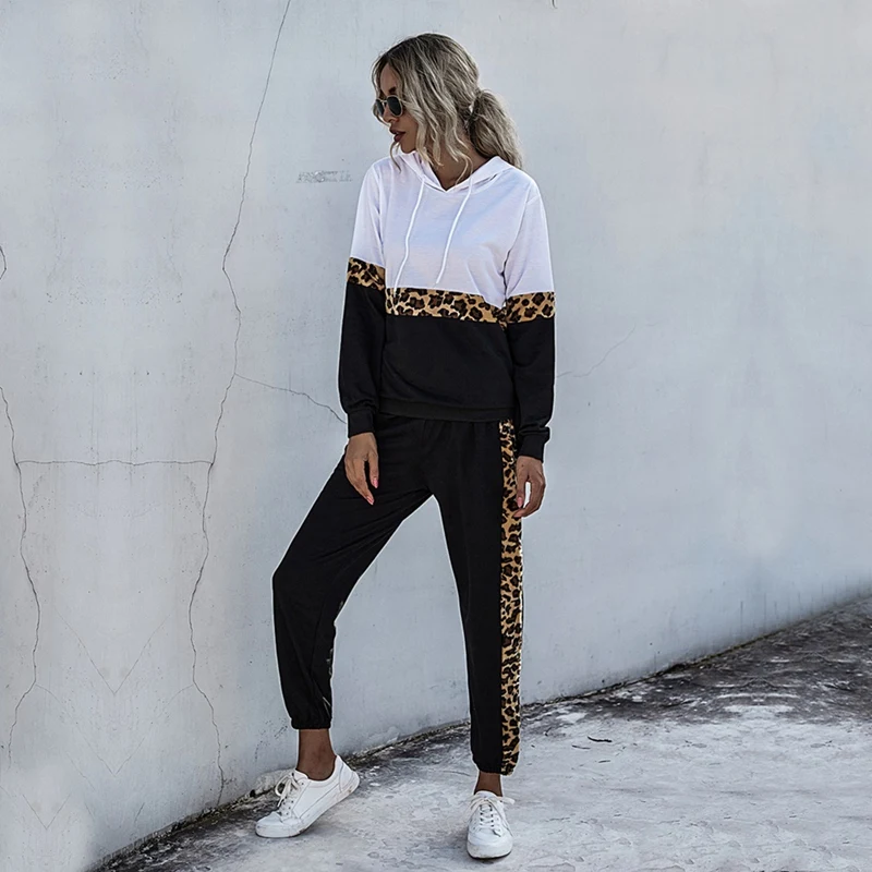 Woman Leopard Patchwork Hoodies 2 Piece Set Pocket Long Sleeve Sweatshirt Top and Pants Suit Casual Tracksuit |