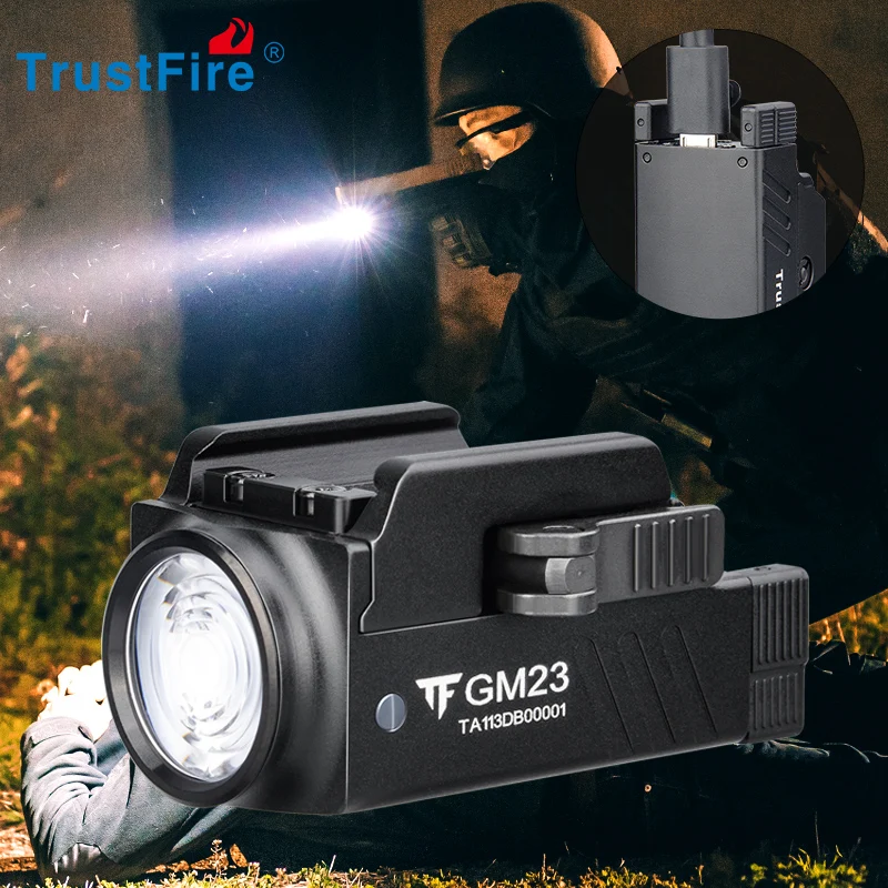 

TrustFire GM23 Pistol Gun Light 800 Lumens Glock Tactical Weapon Rail Mounted Flashlight Police Handgun USB Rechargeable Torch