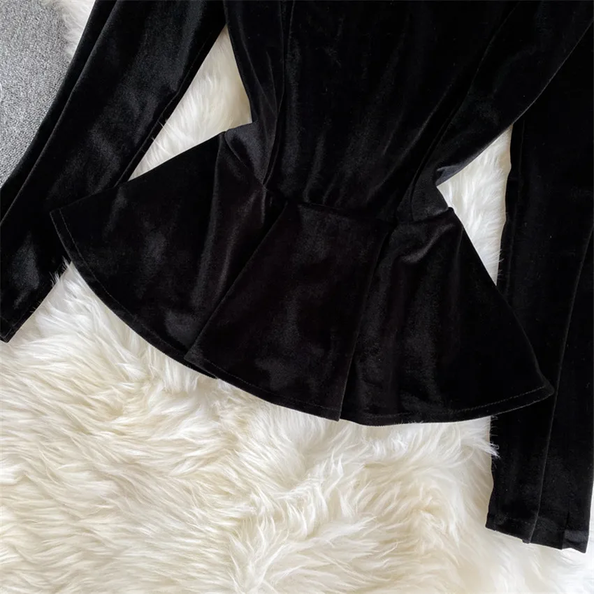 

Spring Elegant Blouse Sexy Sheer Crop Top Black Mesh Velvet Blouses Shirt Women Long Sleeve High Neck Vintage Shirts Pullover