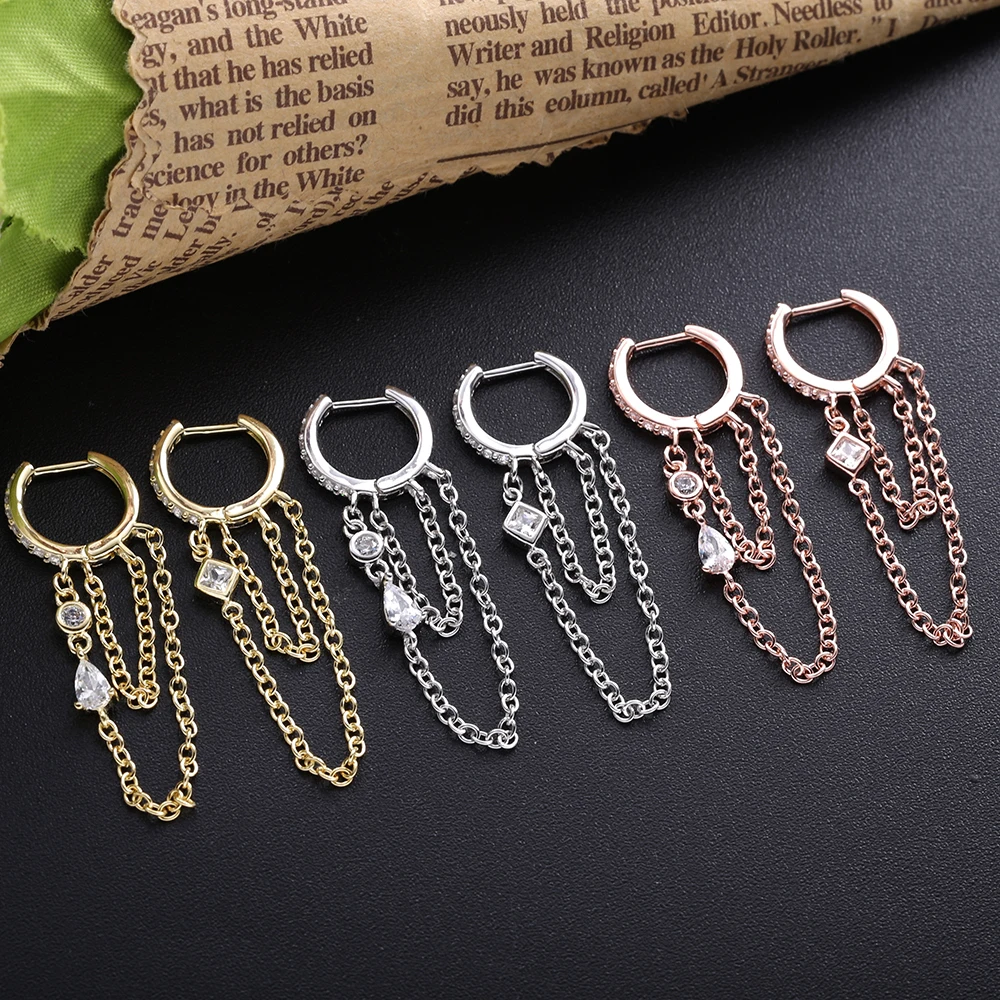 

Slovecabin 925 Sterling Silver Hoop Women Huggies Earrings Clear CZ Gold Color Chain-Tassel Pendant Earrings Women Fine Jewelry