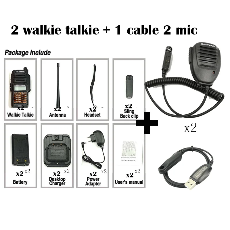 Add 1 cable 2 mic 2PCS New 100%original Baofeng UV-9R Plus IP67 WaterproofRadio Walkie Talkie 8W UHF&VHF 128CH 2800mAh Walkie Talkie Radio Station - Цвет: Add 1 cable 2 mic