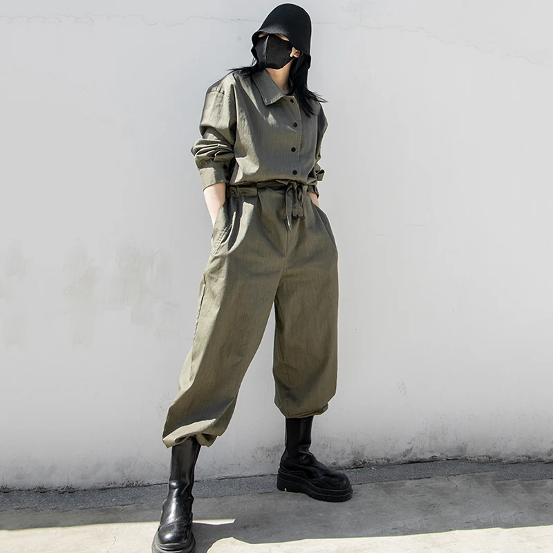 

[EAM] Black Casual Sashes Loose Fit Women Jumpsuit New High Waist Pocket Stitch Pants Fashion Tide Spring Autumn 2021 1DD8472