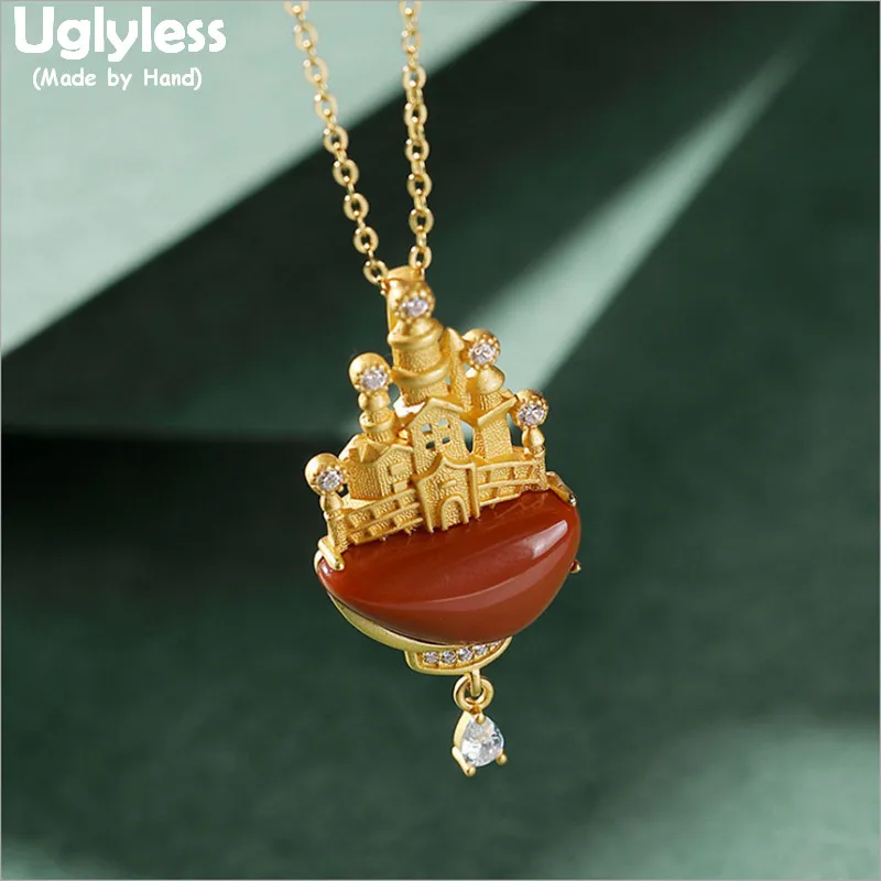 

Uglyless Buildings My Fairy Tale Castles Pendants for Women Childlike Jade Agate Necklaces NO Chains 925 Silver Vintage Jewelry