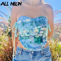 allneon 2000s vintage tie dye lace up corset tops summer 2021 y2k fashion print strapless tank tops sexy party outfits bandage