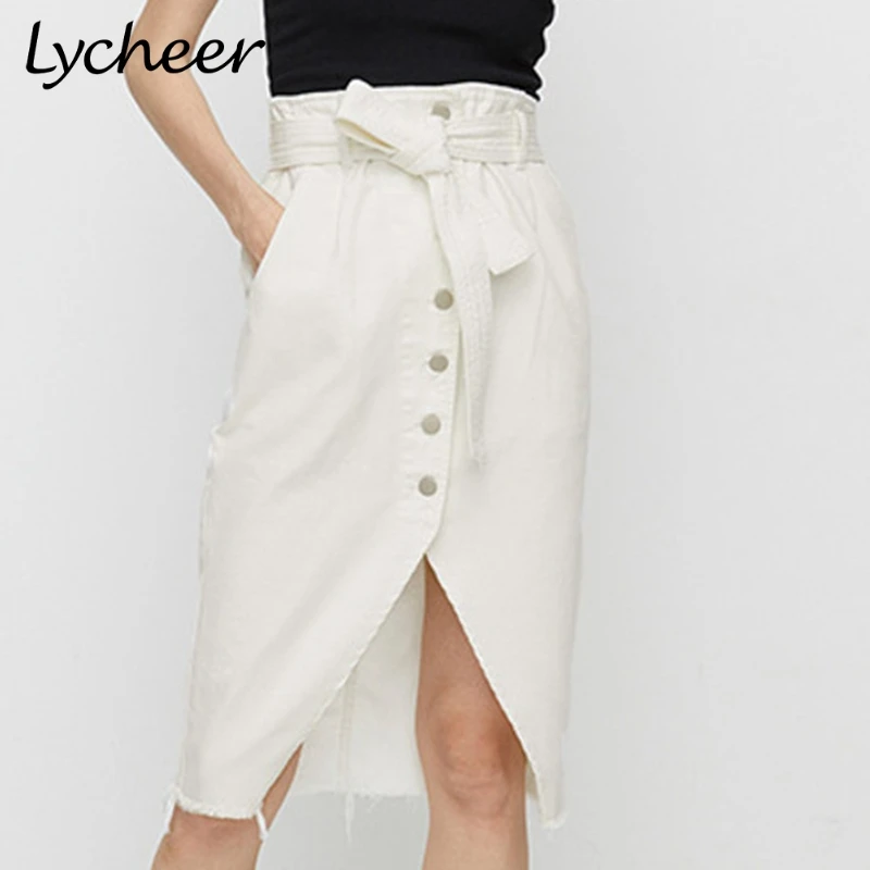 Lycheer плюс размер Сексуальная Кнопка шнуровка женская джинсовая юбка высокая