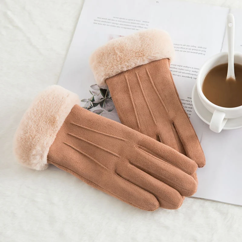 

Women Winter Thicken Touch Screen Warm Gloves Female Suede Double Layer Mittens
