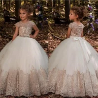 ball gown flower girl dresses for wedding lace appliques sheer neck girls first communion dress big ribbon