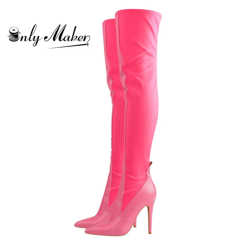 Onlymaker/женские ботфорты с острым носком из змеиной кожи и нейлона эластичные