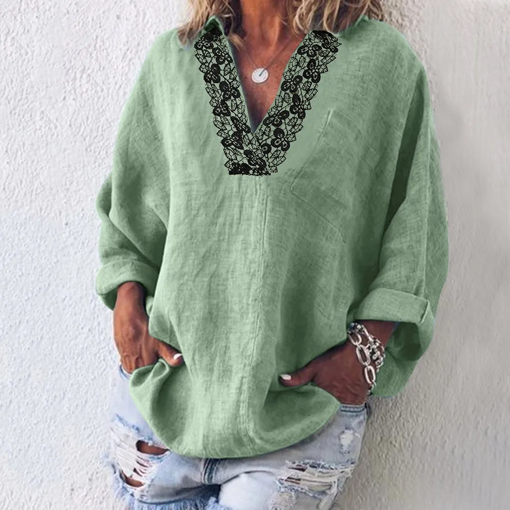 Mint Green Блузки рубашки плюс размер женские с длинным рукавом Плюс Размер Твердые повседневные Кружева v-образным вырезом блузка рубашка Tops2019#4 - Цвет: Mint Green