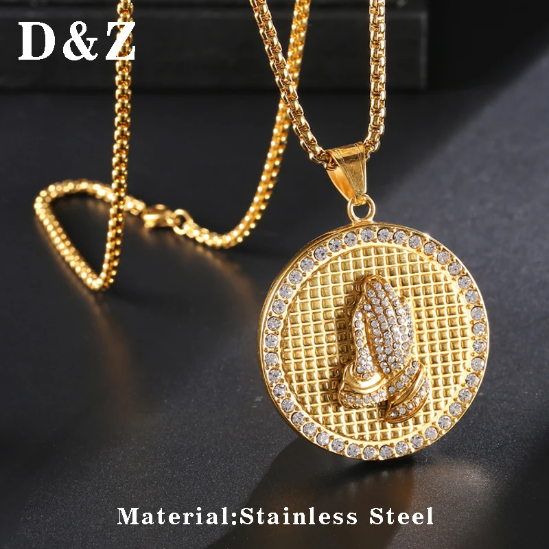 

D & Z Блестящие Стразы Круглый молитвенные руки Ожерелья Подвески 316L Нержавеющая сталь ожерелье для мужчин Iced Out ювелирные изделия