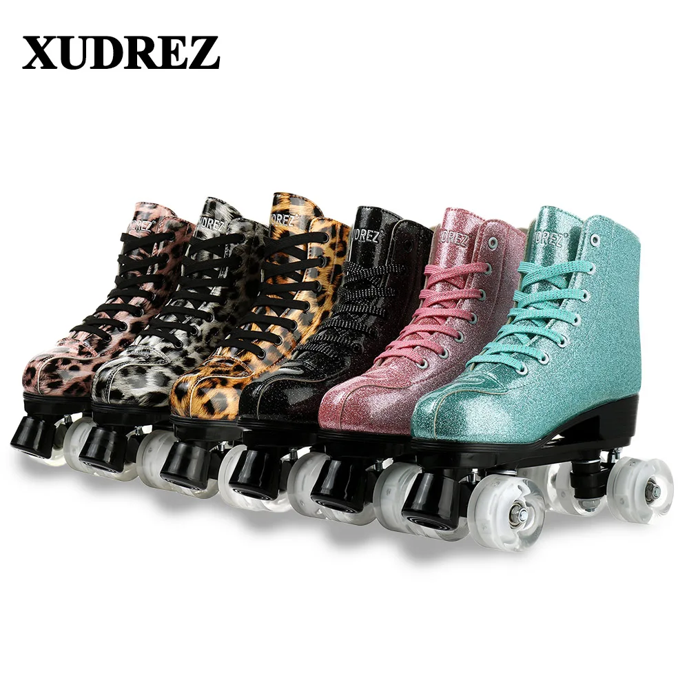 

Женские роликовые коньки, модель 2021 года, Леопардовый принт, для взрослых, для улицы, светящиеся, из ABEC-7 кожи, кроссовки на 4 колесах, для начи...