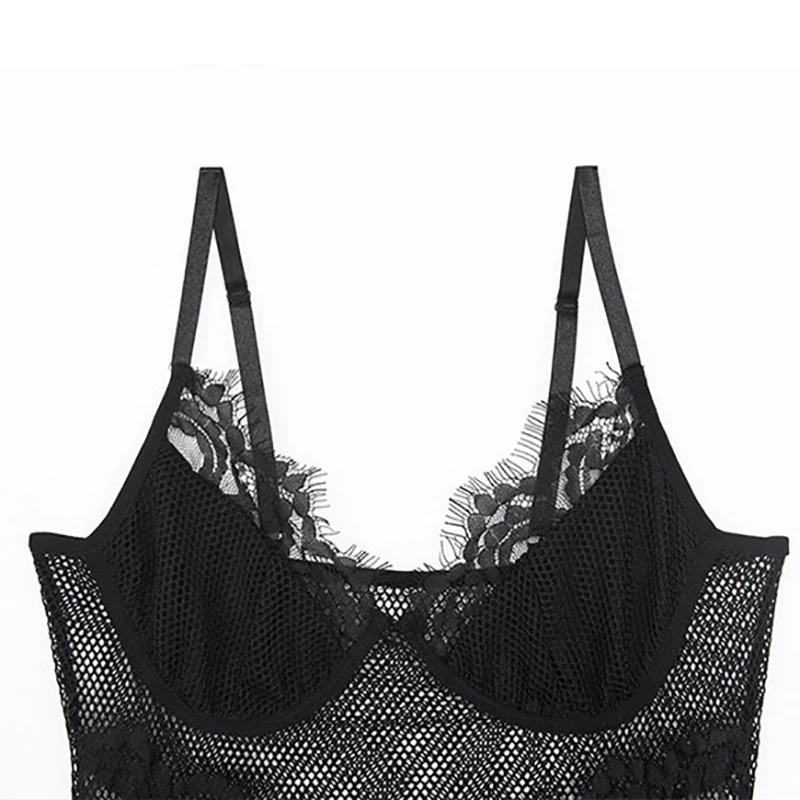 Mesh Lace Lady Club Bodysuit Femme Body Bodycon Black White Women Sexy Rompers Skinny Spaghetti Strap Bodysuits Tops M0106