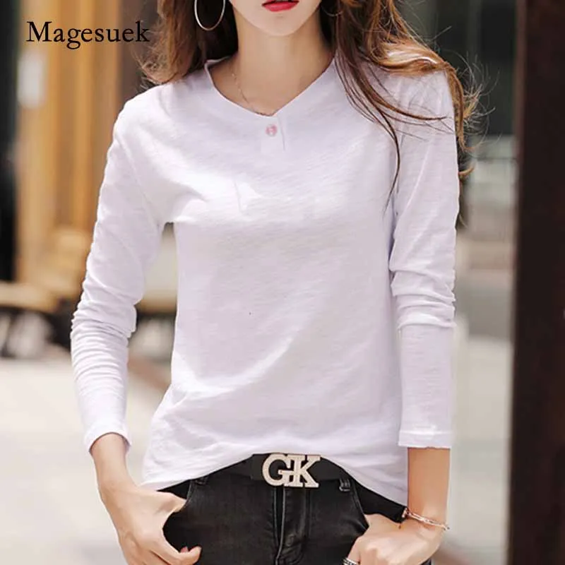 

2020 Autumn Cotton Long Sleeve Button T-shirt Women's Shirt Loose V-Neck Korean-Style Solid Cotton Bottoming Shirt Blusas 10802