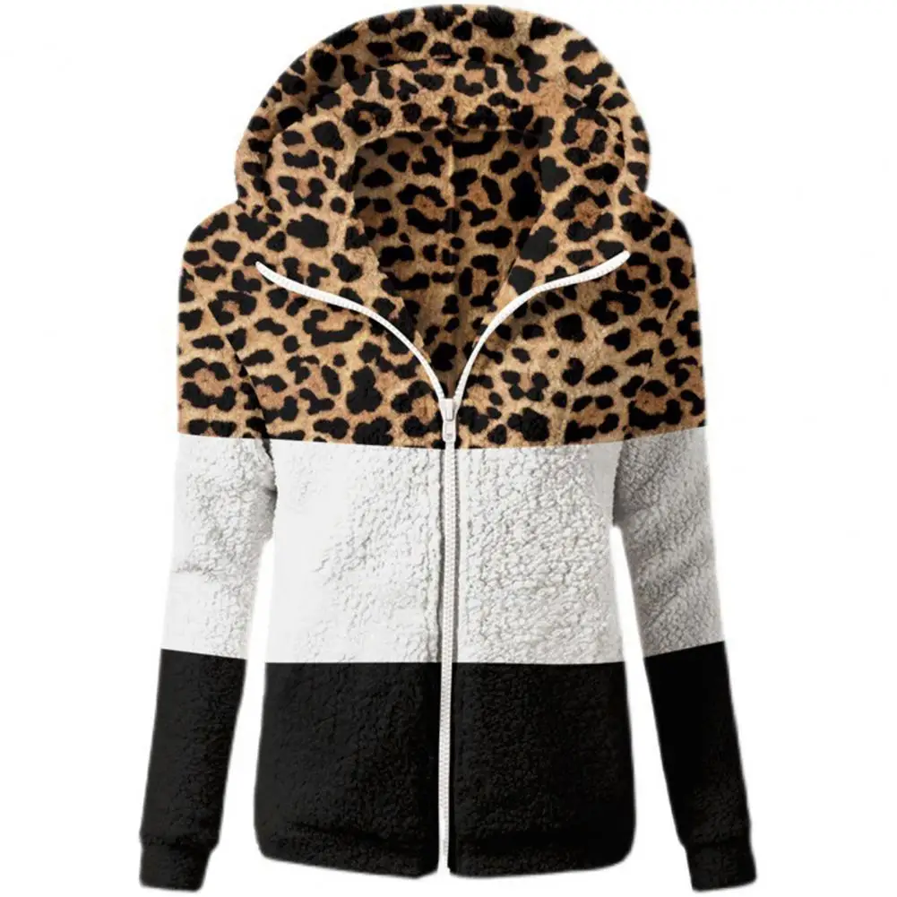 Long Sleeve Zipper Closure Women Coat Cashmere Leopard Patchwork Print Hooded Fluffy Sweatshirt Female Clothing