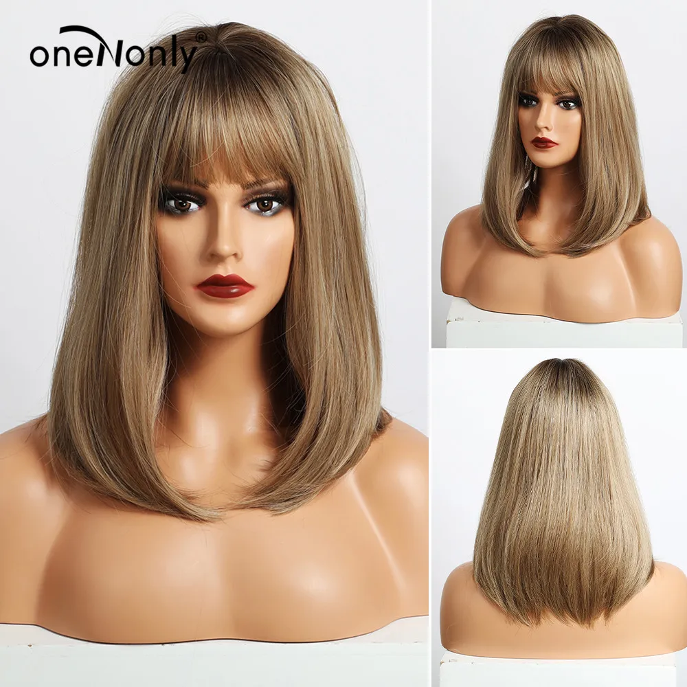 

oneNonly Medium Length Straight Ombre Brown Blonde Synthetic Wigs with Bangs for Women Cosplay Natural Hair Wig Heat Resistant