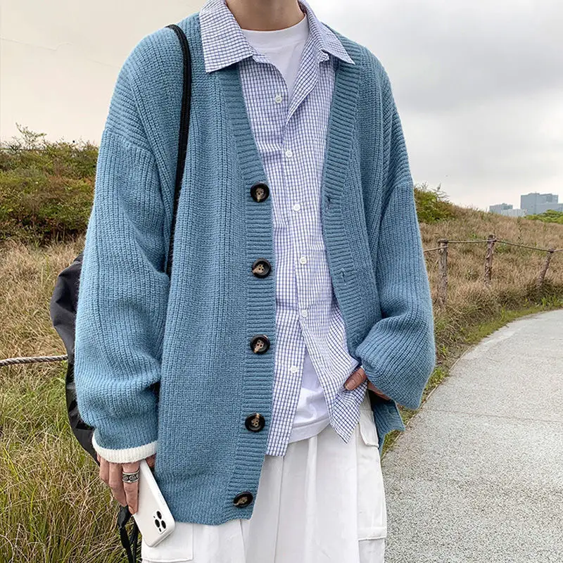

Men Cardigan Autumn Male Outwear Tops Mens Sweaters Knit Solid Loose Casual Preppy Style Korean Fashion Daily All-match