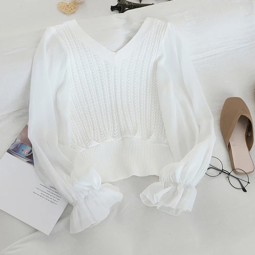 

Fashion Patchwork Mesh Blouse Women V Neck Knit Flare Long Sleeve Blusas 2020 Autumn Spring New Slim Shirt Elegant 47108