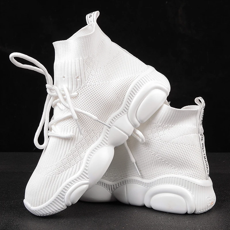 Женские кроссовки с дышащей сеткой белые черные вязаные высокие женская