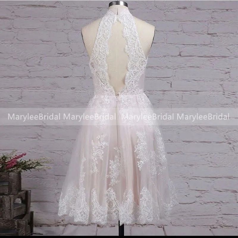 

High-Neck Short Pink Wedding Dress Elegant Lace Appliques Plus Size Hollow Back Bridal Gowns Beach Boho Wedding Party Gown 2021