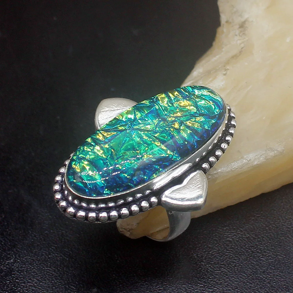 

Gemstonefactory Jewelry Big Promotion Single Unique 925 Silver Vintage Dichroic Glass Women Fashion Gifts Rings 8# 20212520