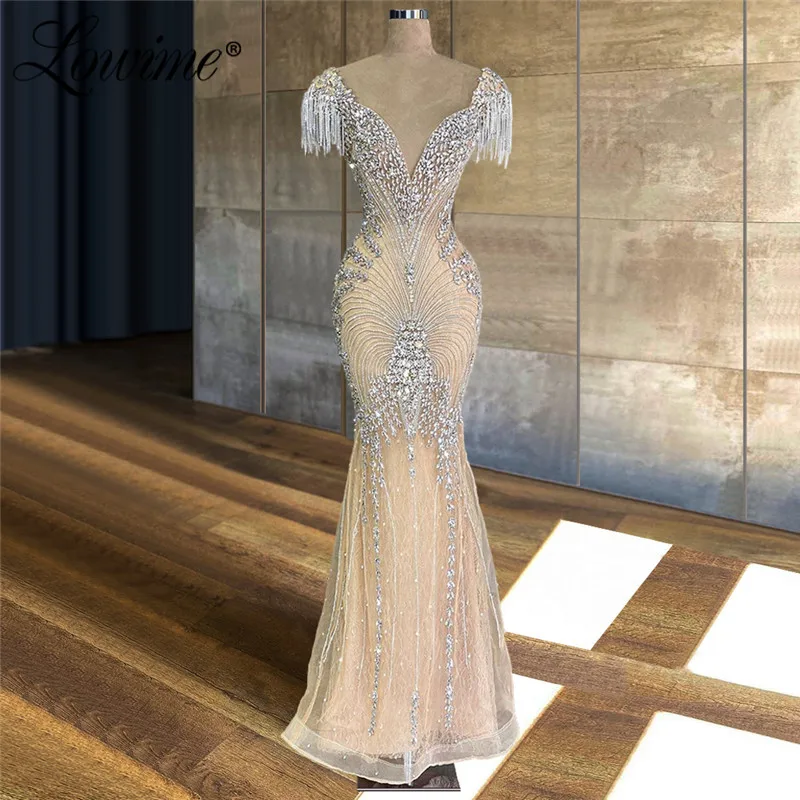 

Champage Beaded Crystal Formal Dresses Couture Mermaid Dubai Party Gown Turkish Arabic Celebrity Dresses Evening Prom Dress 2020