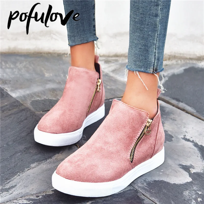 

Pofulove Women Casual Shoes Faux Suede Within The Higher Fashion Side Zipper Sneakers Non Slip Outsole Ladies Shoes