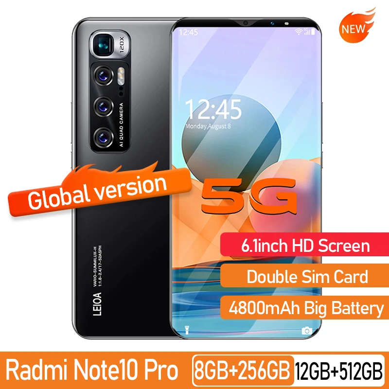 

Note10 Pro 6.1 Inch Smartphone 8G+256G Android Phone 4800mAh Battery Support Google WIFI Mobilephone Face Unlock 5G Phone