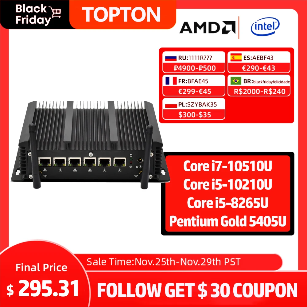 Topton Industrial Mini PC Intel Core i5 10210U i710510U 6 Lans Firewall Router Pfsense Server 2*RS232 4*USB3.0 HDMI 4G/3G AES-NI