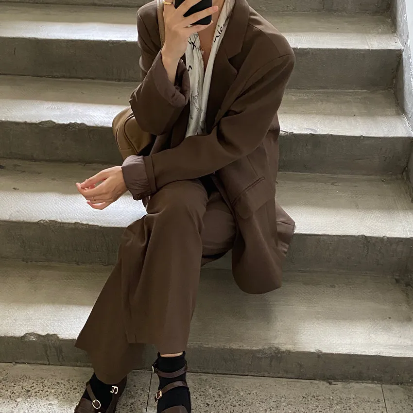 

HziriP 2020 New Fashion Vintage Blazer Pants Suit OL Elegant Business Wear Blazers + High Waist Wide Leg Pants Suits 2 Piece Set
